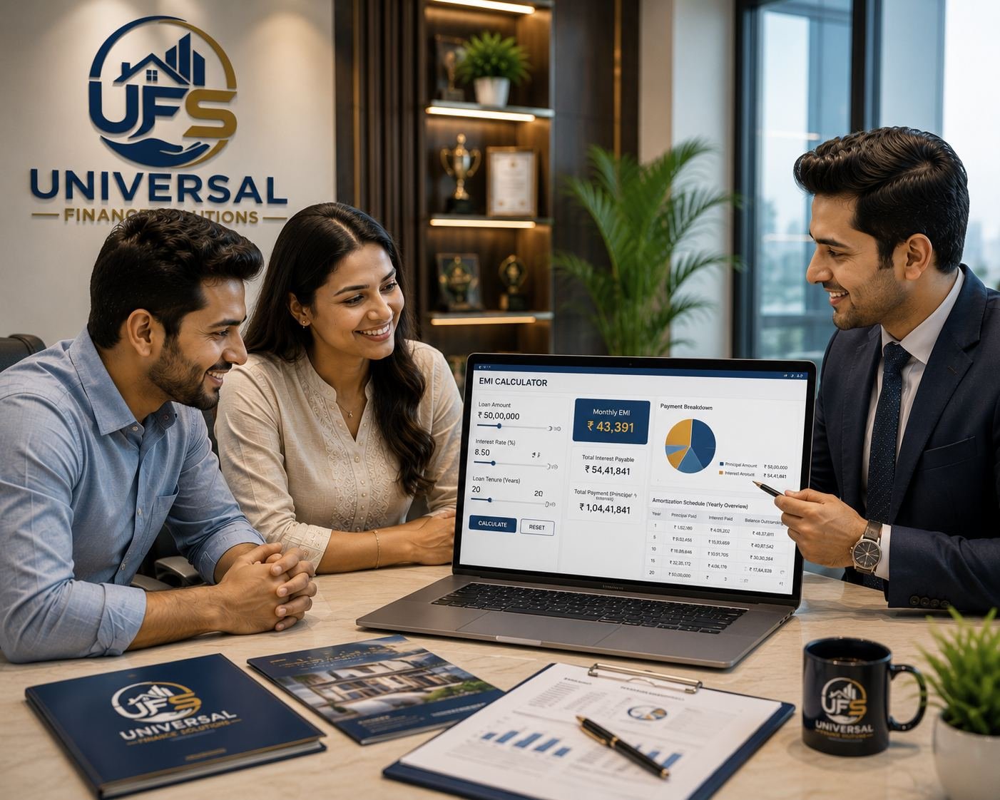 EMI calculator dashboard being reviewed with a client